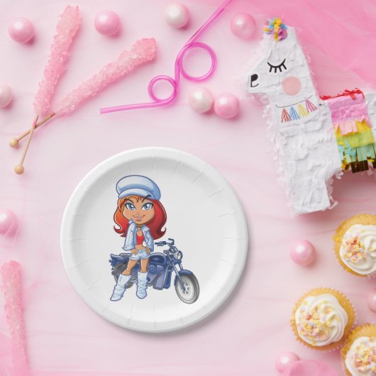 赤い髪とバイクを持つサッシーバイクもしくは自転車に乗る人ガール ペーパープレート (パーティー)