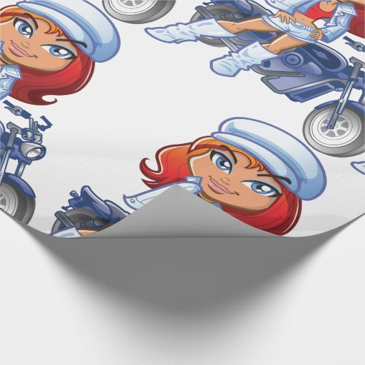 赤い髪とバイクを持つサッシーバイクもしくは自転車に乗る人ガール ラッピングペーパー (角)