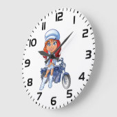 赤い髪とバイクを持つサッシーバイクもしくは自転車に乗る人ガール ラージ壁時計 (傾斜)