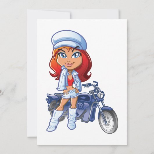 赤い髪とバイクを持つサッシーバイクもしくは自転車に乗る人ガール 招待状 (正面)