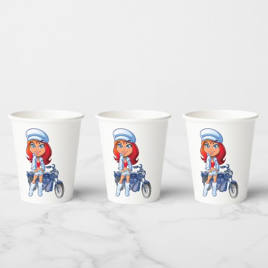 赤い髪とバイクを持つサッシーバイクもしくは自転車に乗る人ガール 紙コップ
