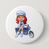 赤い髪とバイクを持つサッシーバイクもしくは自転車に乗る人ガール 缶バッジ (正面)