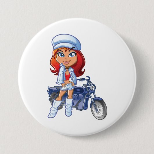 赤い髪とバイクを持つサッシーバイクもしくは自転車に乗る人ガール 缶バッジ (正面)