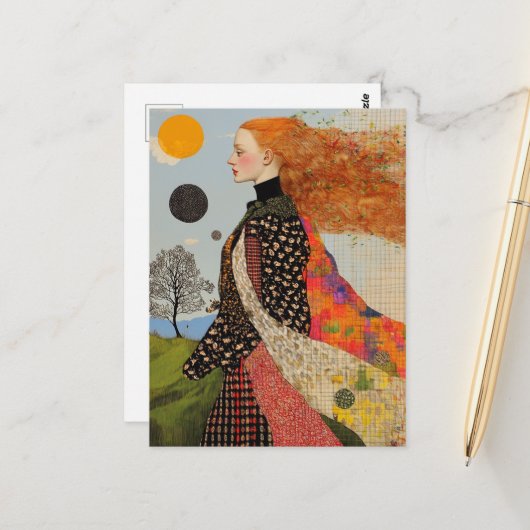 赤い髪のコラージュを持つ美しい女性 ポストカード (正面/裏面インサイチュ)