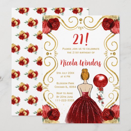 赤い髪のプリンセス 赤いドレス 招待状 (正面/裏面)