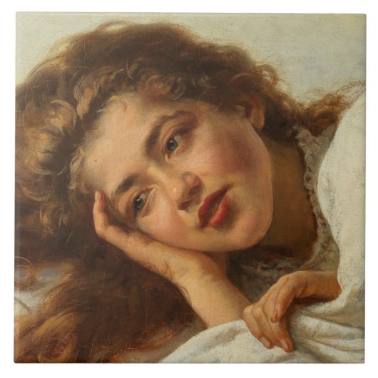 赤い髪のベッドに横たわる美しい少女 タイル (正面)