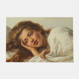 赤い髪のベッドに横たわる美しい少女 ドアマット