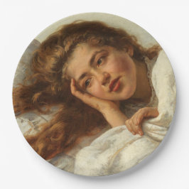 赤い髪のベッドに横たわる美しい少女 ペーパープレート