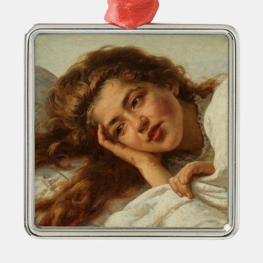 赤い髪のベッドに横たわる美しい少女 メタルオーナメント (正面)