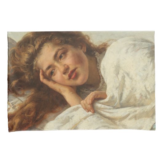 赤い髪のベッドに横たわる美しい少女 枕カバー (正面右)