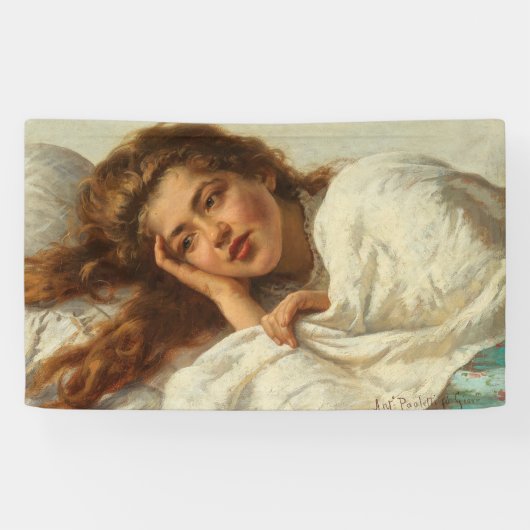 赤い髪のベッドに横たわる美しい少女 横断幕 (横)