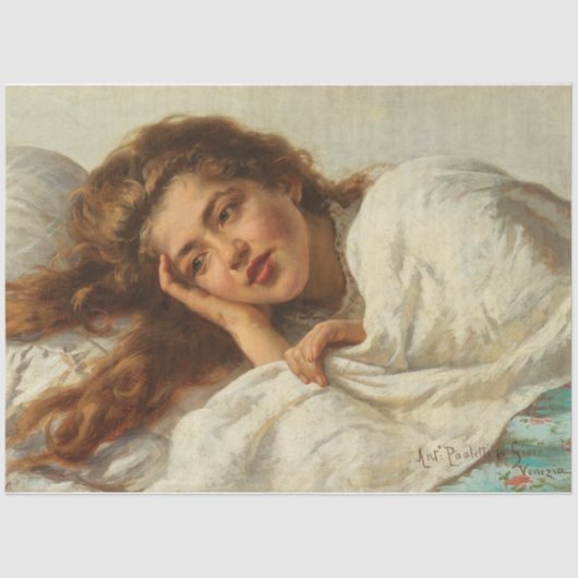 赤い髪のベッドに横たわる美しい少女 薄葉紙 (正面)