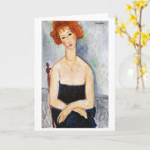 赤い髪の女性とペンダント、モディリアーニ カード (黄色い花)