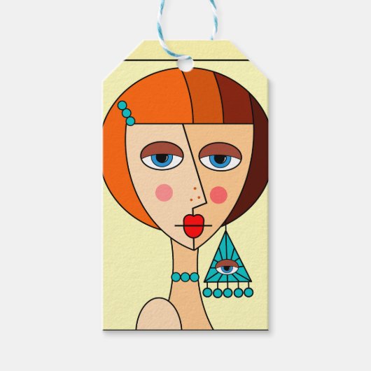 赤い髪の女性の美しいキュービズムを丸める ギフトタグ (正面)