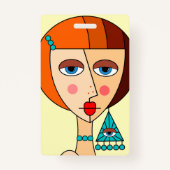 赤い髪の女性の美しいキュービズムを丸める バッジ (裏面)