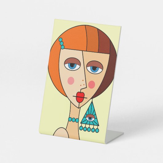 赤い髪の女性の美しいキュービズムを丸める 台座サイン (正面)