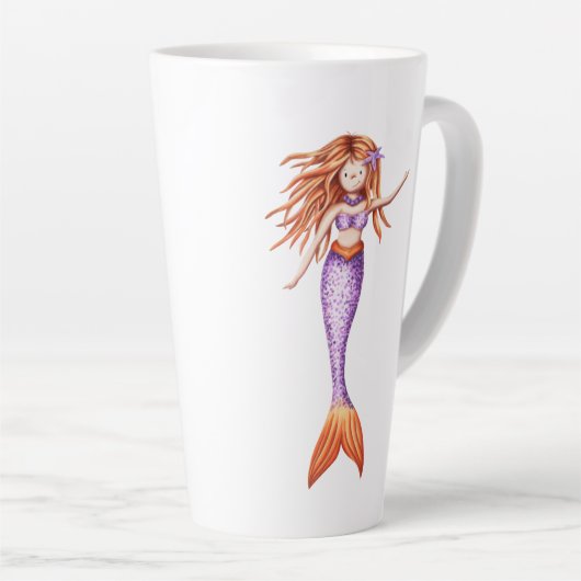 赤い髪の紫色のオレンジ色の尾を持つかわいい人魚 カフェラテマグ (右アングル)