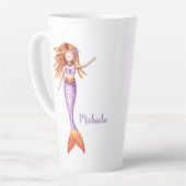 赤い髪の紫色のオレンジ色の尾を持つかわいい人魚 カフェラテマグ (左アングル)