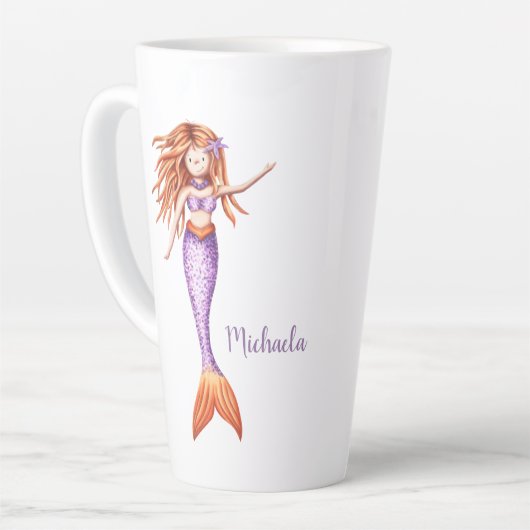 赤い髪の紫色のオレンジ色の尾を持つかわいい人魚 カフェラテマグ (左アングル)