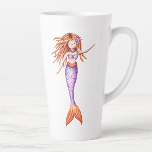 赤い髪の紫色のオレンジ色の尾を持つかわいい人魚 カフェラテマグ (右)