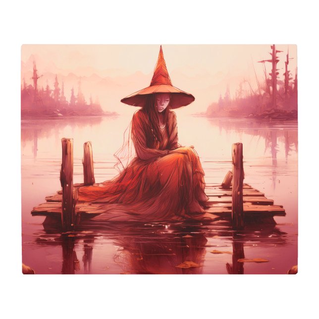 赤い魔女が壊れた桟橋に座る メタルプリント (正面)