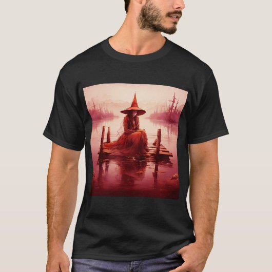 赤い魔女が壊れた桟橋に座る Tシャツ (正面)