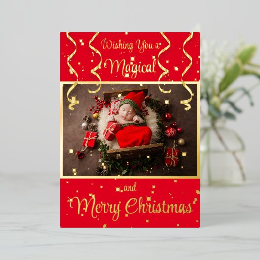 赤い魔法の写真メリークリスマスグリーティング 箔シーズンカード (立ち正面)