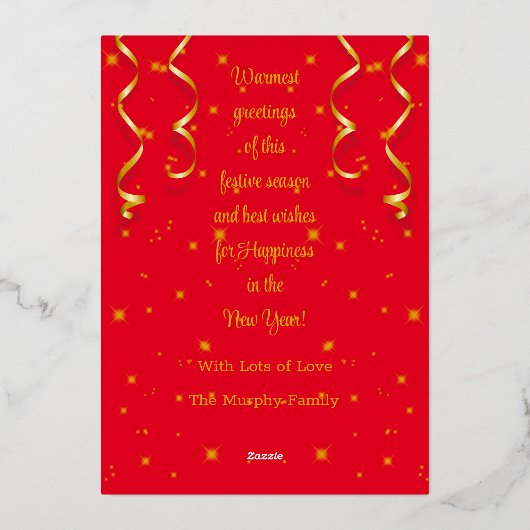 赤い魔法の写真メリークリスマスグリーティング 箔シーズンカード (裏面)