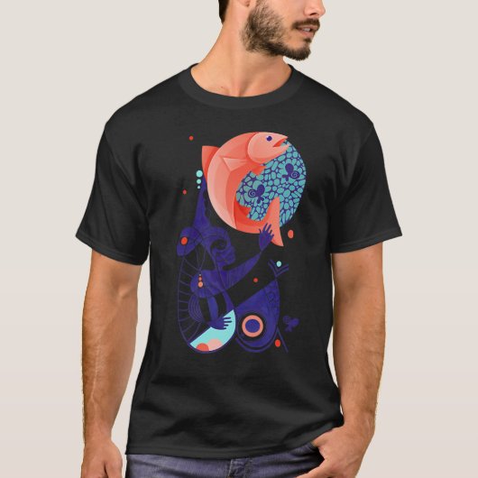 赤い魚の夢の青い幻想生物抽象イラスト Tシャツ (正面)