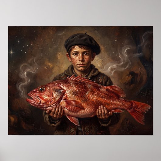 赤い魚の絵を描く少年漁師 ポスター (正面)