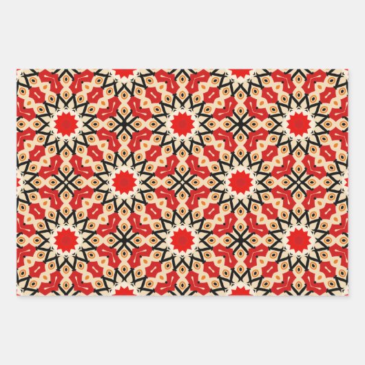 赤い鮮やかエスニックアラベスクモザイク幾何学模様 ラッピングペーパーシート (正面)