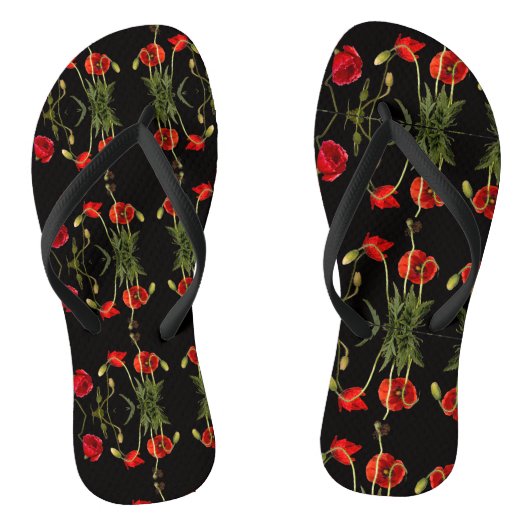 赤い鮮やかケシが黒に ビーチサンダル (ソール)