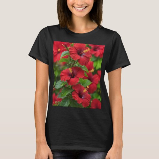 赤い鮮やかハイビスカスの離れ花 – 43699 Tシャツ (正面)