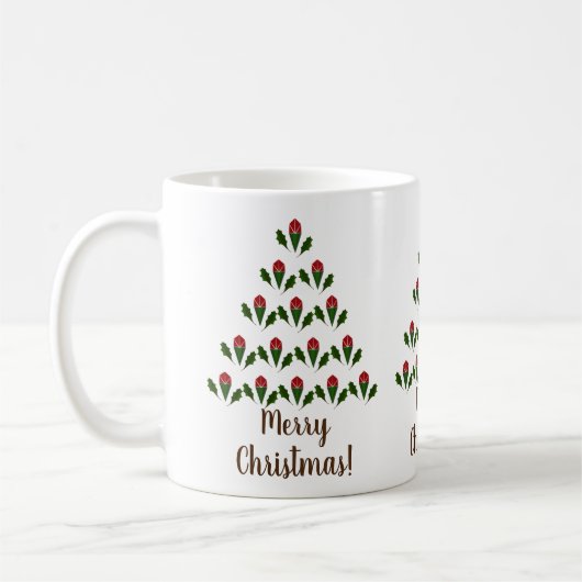 赤い鮮やかバラ、ホリー・クリスマスツリーアート、ウィッシュ コーヒーマグカップ (左)