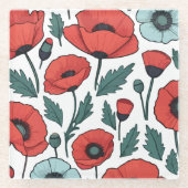 赤い鮮やかポピーの花イラストレーション模様 ガラスコースター (正面)