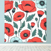 赤い鮮やかポピーの花イラストレーション模様 キャンバスプリント (インサイチュ (ウッドフロア))