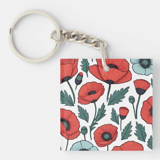 赤い鮮やかポピーの花イラストレーション模様 キーホルダー (正面)