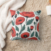 赤い鮮やかポピーの花イラストレーション模様 クッション (ブランケット)