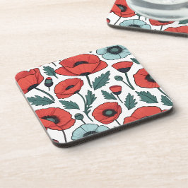 赤い鮮やかポピーの花イラストレーション模様 コースター