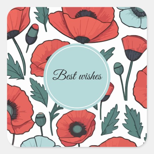 赤い鮮やかポピーの花イラストレーション模様 スクエアシール (正面)