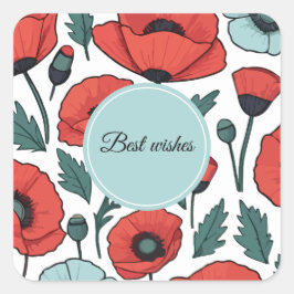 赤い鮮やかポピーの花イラストレーション模様 スクエアシール