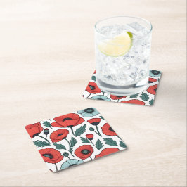 赤い鮮やかポピーの花イラストレーション模様 スクエアペーパーコースター