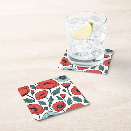 赤い鮮やかポピーの花イラストレーション模様 スクエアペーパーコースター (インサイチュ)