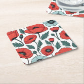 赤い鮮やかポピーの花イラストレーション模様 スクエアペーパーコースター (アングル)
