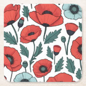 赤い鮮やかポピーの花イラストレーション模様 スクエアペーパーコースター (正面)