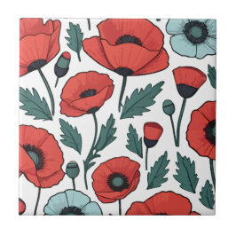 赤い鮮やかポピーの花イラストレーション模様 タイル