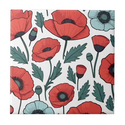 赤い鮮やかポピーの花イラストレーション模様 タイル (正面)