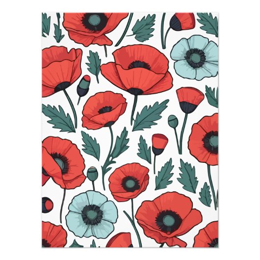 赤い鮮やかポピーの花イラストレーション模様 フォトプリント            (正面)