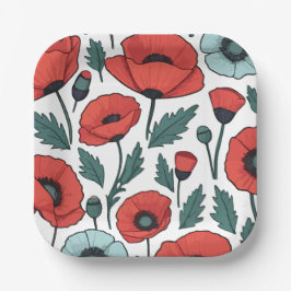 赤い鮮やかポピーの花イラストレーション模様 ペーパープレート
