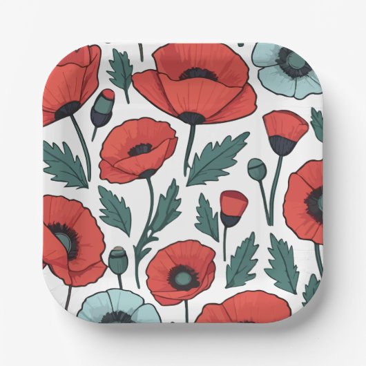 赤い鮮やかポピーの花イラストレーション模様 ペーパープレート (正面)